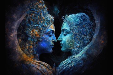 Radha krishna in love medium shot photography portrait of cosmic galactic Generative AI. symbol of Devine Love. Art Print For Home Decor hindu couple on abstract decorative background