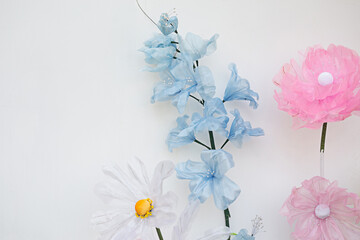 Pink, blue, white flowers. Isolated white background without copy space.