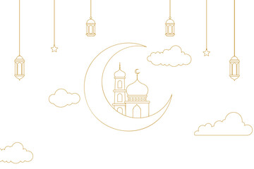 Outline Islamic Background design template for ramadan, eid alfitr, isra mi’raj, and islamic new year with mosque, Lantern, moon, and star.