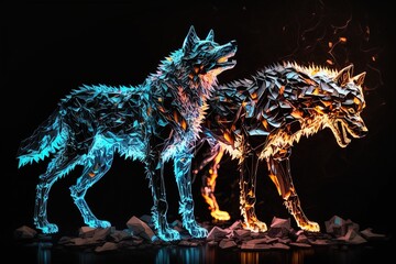 Generative AI fusion of metal wolf exploding through fire surrounded by scattered glass shards and debris, cosmic energy