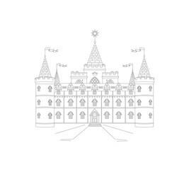 Castle with towers, flags, central star. use: decoration, postcard, coloring, wood carving layout, wood burning, paper cutting, wall painting, clothing print, poster. vector outline illustration. 