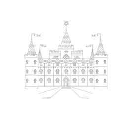 Obraz premium Castle with towers, flags, central star. use: decoration, postcard, coloring, wood carving layout, wood burning, paper cutting, wall painting, clothing print, poster. vector outline illustration. 