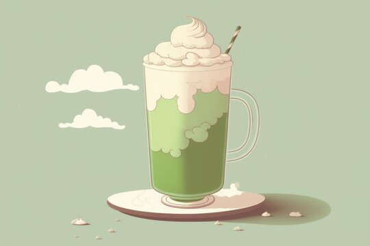 Minimalist 2D illustration of a creamy pastel green matcha latte with a cloud of frothy milk on top | soft pop | generative AI