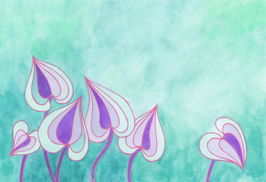 Festive softness Nature banner background with abstract leaves. Purple and pink leaves silhouettes on spotted turquoise green background. Watercolor painting on textured paper.