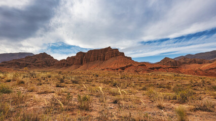 View of famous Konorchek canyon in Kyrgyzstan on a cloudy day