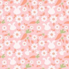 Seamless pattern with rabbit, carrots and daisy flower on pink background illustration.