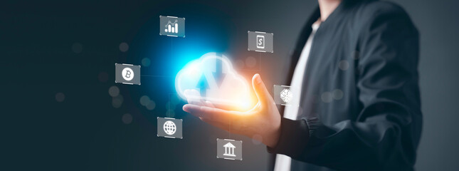 Business man Hand holding virtual cloud computing with Global Internet connection. Big data application technology and digital marketing, Financial and banking, Digital link, Cloud Networking service.