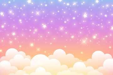 Cloudy sky background. Unicorn fantasy pastel galaxy. Rainbow cute wallpaper. Fluffy magic pink landscape. Vector illustration