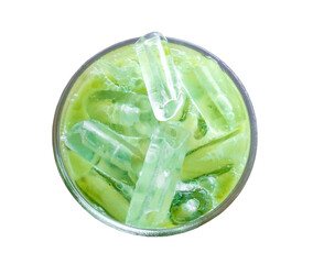 Top view of iced matcha latte or condensed milk-added green tea in transparent glass isolated on white background with clipping path in png file format