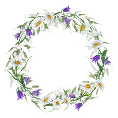 Obraz premium Watercolor wreath with daisy, campanula, wild oats isolated on white background. Hand painting for postcard design, invitation template, Valentine day, birthday, mother day cards, wedding invitation