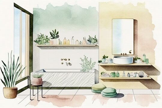 minimalist interior design for bathrooms Eco-friendly bathroom isolated carpet wall shelf towels faucet plant pot. Generative AI