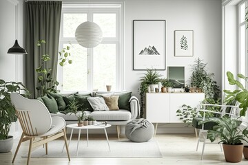 Modern scandinavian living room with retro furniture, tropical plant, window, decoration, and elegant personal accessories. Generative AI