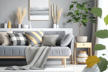 Fototapeta na wymiar Scandinavian-style eucalyptus-filled living room decor includes a gray sofa, a wooden cube, flowers in a vase, a sculpture, a pillow, plaid, and other decorations. Elegant interior design. Formatting