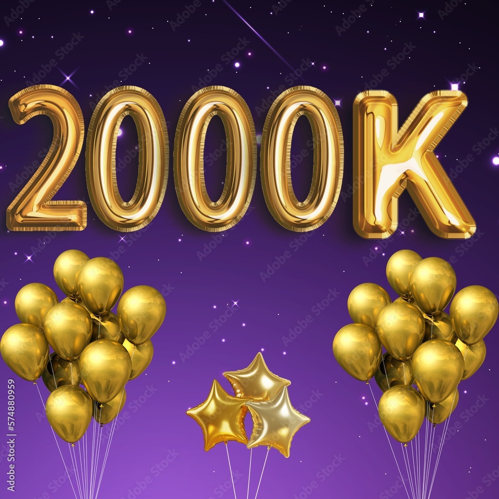 Wall mural Golden 2000K sign on violet background with sparkling confetti, balloon 2000K, Competition, gaming concept, Gold realistic letters, Winner congratulation banner, ribbons and stars, followers,thanks ba - Wall murals