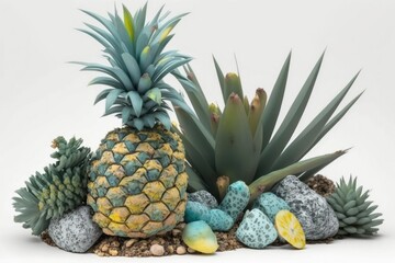 On a mass of rocks and branches, there is an air pineapple plant. Generative AI