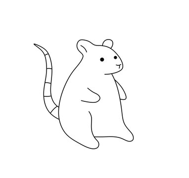Vector isolated one single cute cartoon funny simplest sitting mouse rat with tail colorless black and white contour line easy drawing