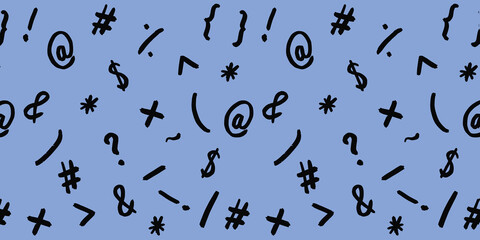 pattern with the image of keyboard symbols. Punctuation marks. Template for applying to the surface. pastel blue background. Horizontal image. Banner for insertion into site.