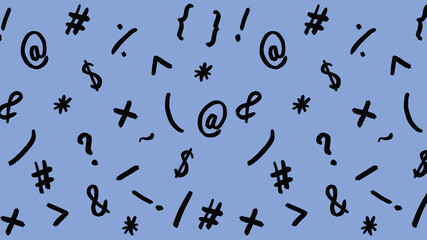 pattern with the image of keyboard symbols. Punctuation marks. Template for applying to the surface. pastel blue background. Horizontal image. Banner for insertion into site.
