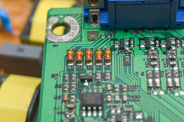 Close-up details, boards, electronic components, monitor, computer, devices