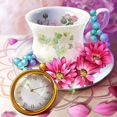 unique cup of tea and flowers