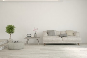 White scandinavian interior design with sofa. 3D illustration