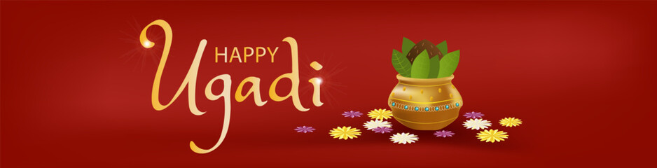 Happy Ugadi with traditional for India, New Year Festival Ugadi isolated red background