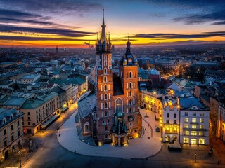 Rynek Główny w Krakowie z lotu drona o wschodzie słońca