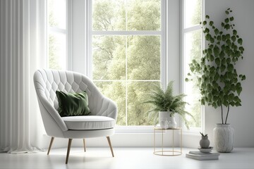 Chic white room with a chair and a green outlook. Scandinavian decor. Generative AI