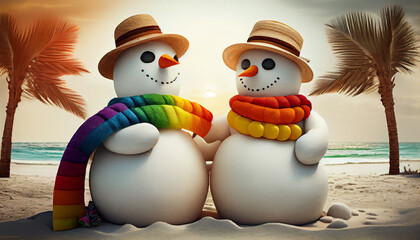 Obraz premium Snowman LGBT couple having vacation