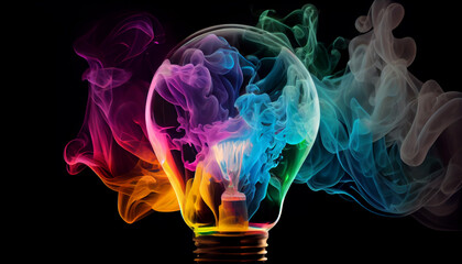 Colorful smoke in a light bulb created with Generative AI Technology