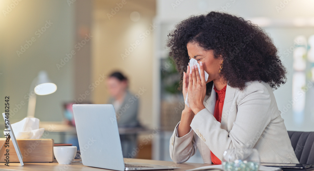 Poster sick businesswoman blowing nose with a tissue and suffering from flu virus or sinuses while working 