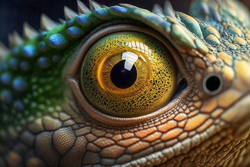 Fototapeta premium Extreme close-up of a multicolored lizzard eye. Created with Generative AI technology.