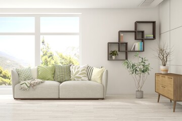 White living room with sofa and summer landscape in window. Scandinavian interior design. 3D illustration