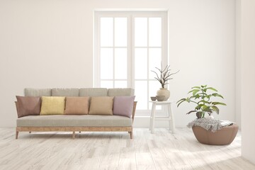 White modern interior design with sofa. Scandinavian interior design. 3D illustration