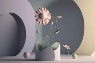 3D flower with pastel colors in a modern and minimalist setting. Generative AI