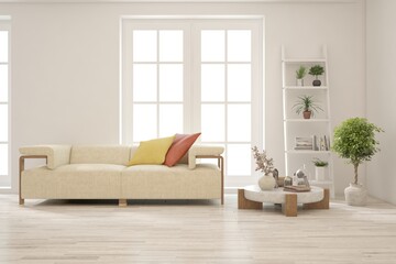 White scandinavian interior design with sofa. 3D illustration