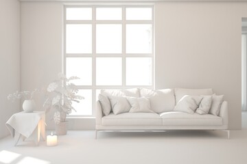 White living room concept with sofa. 3D illustration