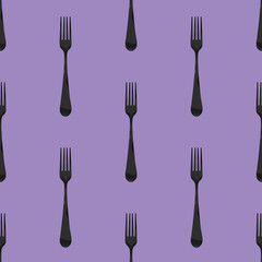 pattern. Fork top view on pastel violet background. Template for applying to surface. Square image. Flat lay. 3D image. 3D rendering.