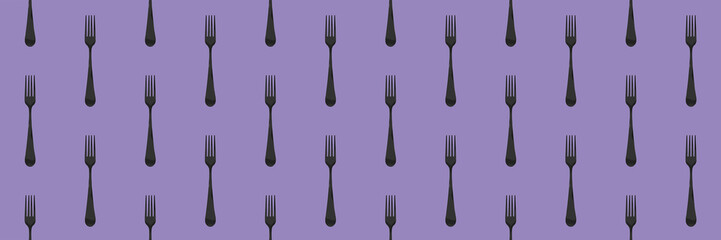 pattern. Fork top view on pastel violet background. Template for applying to surface. Horizontal image. Flat lay. Banner for insertion into site. 3D image. 3D rendering.