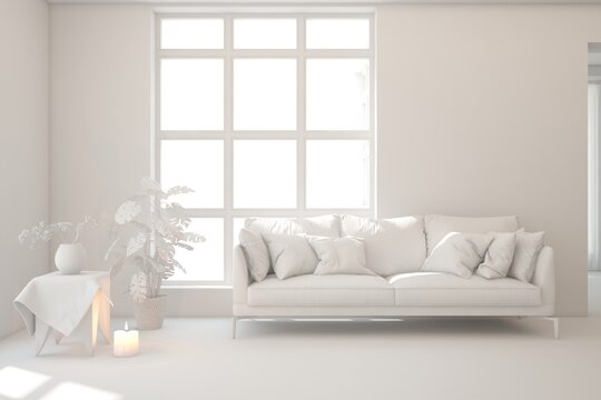 White living room concept with sofa. 3D illustration © AntonSh