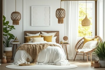 Contemporary bedroom with luxurious furniture, macrame, wooden ladder, and accessories. Pillows, blankets, and sheets. Cozy interiors. Sunny. Generative AI