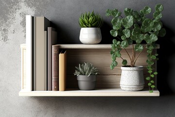 Books and plant on grey plank shelf. Mockup,. Generative AI