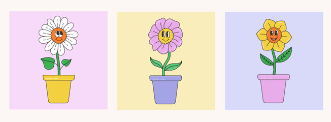 Abstract plants. Simple domestic Flowers in pots with faces. Floral design in retro cartoon style.