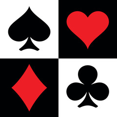 Seamless pattern of card suits. A symbol of a deck of playing cards or gambling games (poker, bridge). Four card suits: spades, hearts, diamonds and clubs.