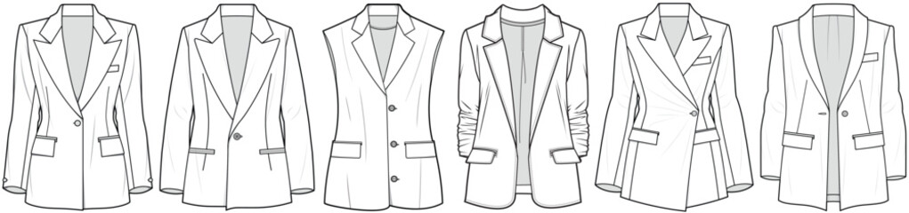 flat sketch set of womens blazer jacket technical cad drawing vector template - obrazy, fototapety, plakaty