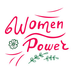 Vector illustration. Womens power lettering isolated on white background. Greeting card with decorative elements