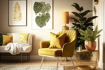 A beautiful Scandinavian home has a gold armchair, vintage furniture, a fake poster frame, plants, tropical foliage, yellow macrame, and a light in the living area. coziness. Generative AI