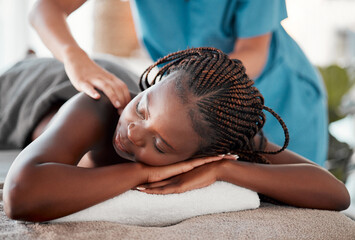 Black woman, bed and relax in spa for back massage, deep tissue or relaxation in stress relief at resort. Happy African American female relaxing with hands of masseuse massaging for physical therapy - obrazy, fototapety, plakaty