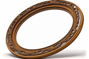 Obraz premium Perspective view of a wooden oval frame for artwork, a mirror, or a photo on a white background. Generative AI