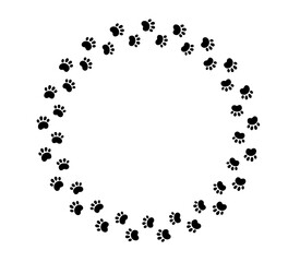 Dog paw print circle frame. Cute cat pawprint frame. Pet foot trail border. Black dog step silhouette. Simple doodle drawing. Vector illustration isolated on white background. © Elena Pimukova